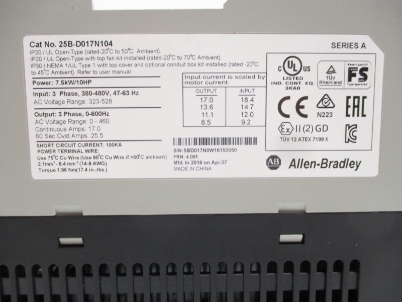 ALLEN BRADLEY 25B-D017N104 SER. A F/W 4.001 323-528V 25.5A NSMP