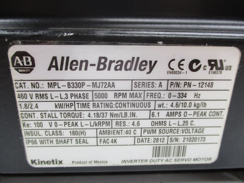 ALLEN BRADLEY MPL-B330P-MJ72AA SER. A 460V 6.1A NSNP