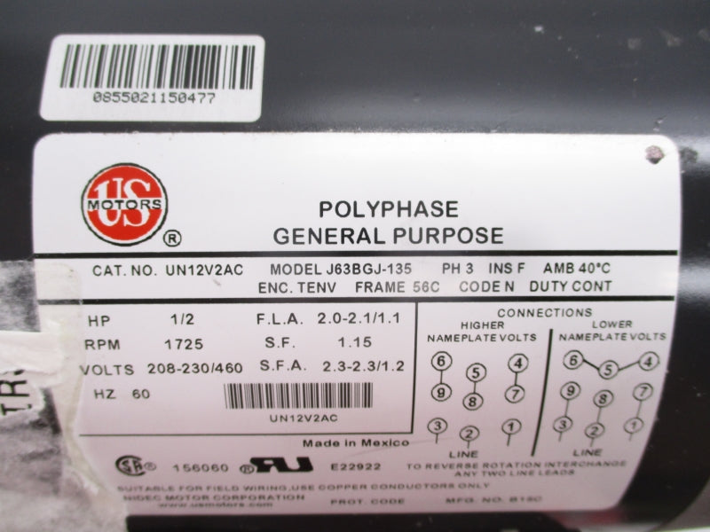 US MOTORS UN12V2AC J63BGJ-135 460V 2.1A NSMP