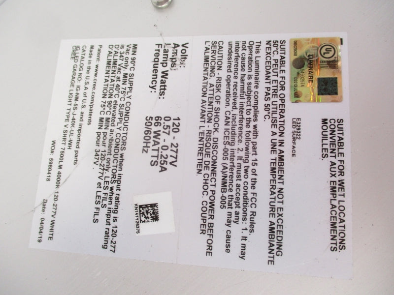 CREE IG-NM-5S-J-40K-UL-WH 120-277VAC 0.57-0.25A NSMP