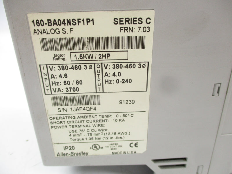ALLEN BRADLEY 160-BA04NSF1P1 SER. C F/W 7.03 380-460V 4.6A UNMP