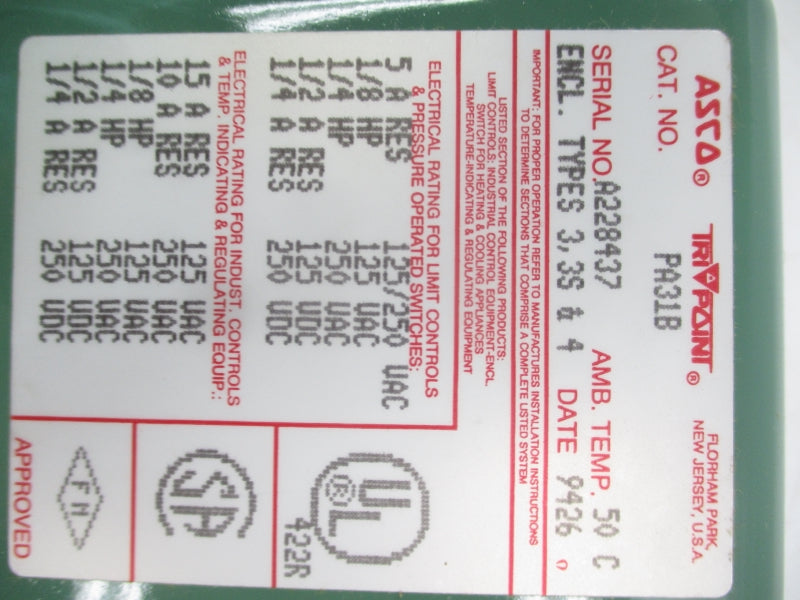 ASCO PA31B 125/250VAC 50'C NSMP