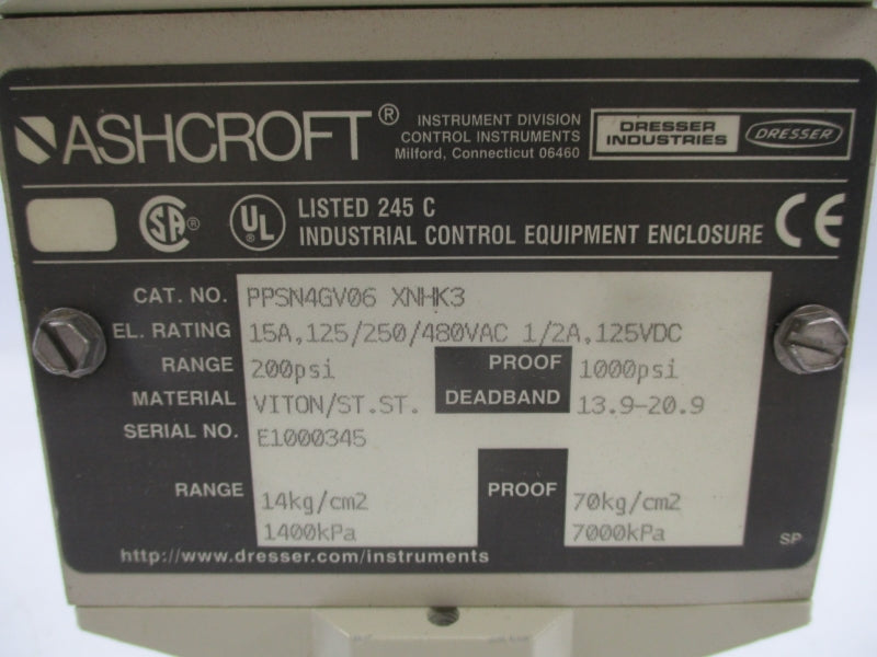 ASHCROFT PPSN4GV06XNHK3 480VAC 15A 200PSI NSNP