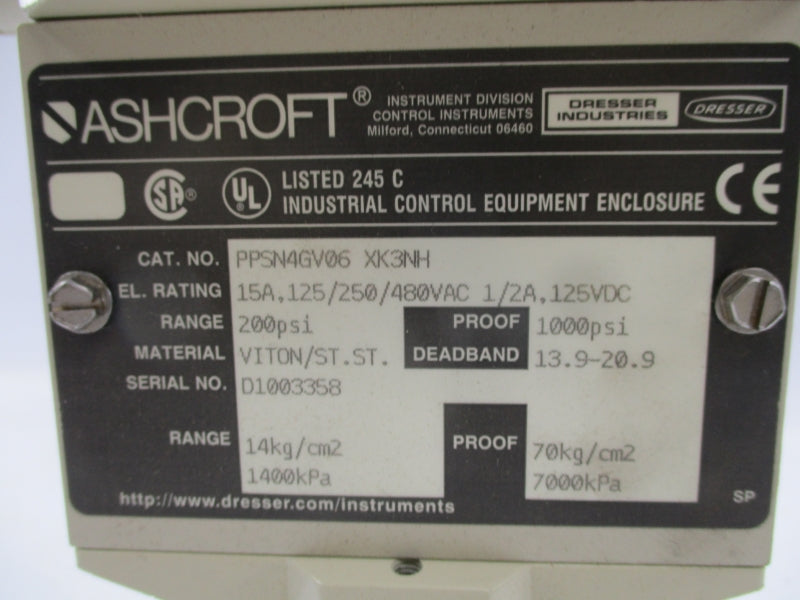 ASHCROFT PPSN4GV06XK3NH 480VAC 15A 200PSI NSNP