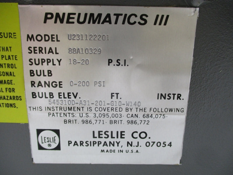 LESLIE CONTROLS U231122201 0-200PSI UNMP