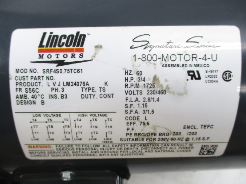 LINCOLN MOTORS SRF4S0.75TC61 230/460V 2.8/1.4A NSNP
