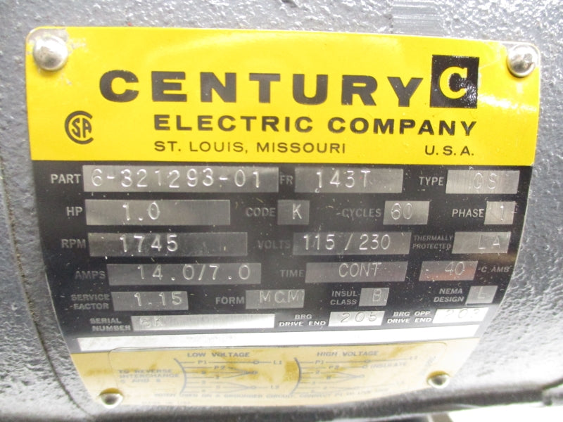 CENTURY ELECTRIC 6-321293-01 115/230V 14.0/7.0A NSMP