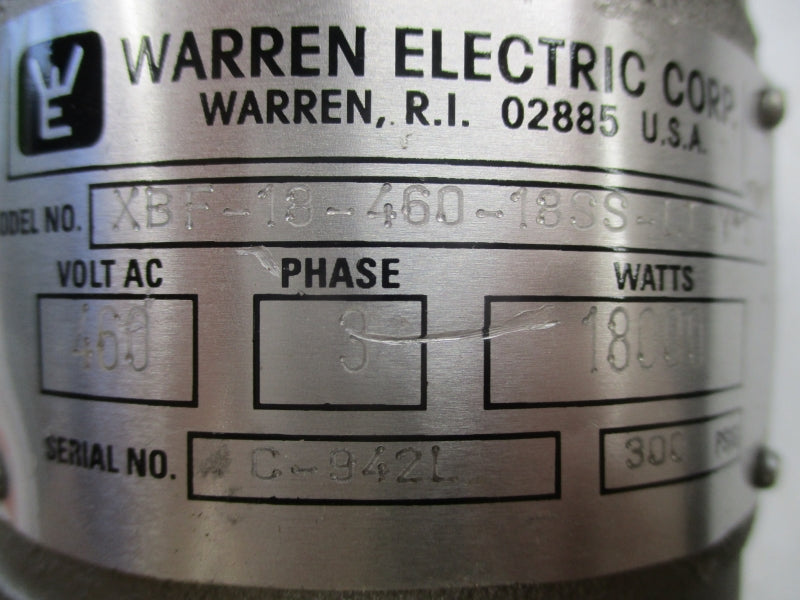 WARREN ELECTRIC XBF-18-460-18SS-LT-Y*3 460VAC 300PSI NSNP