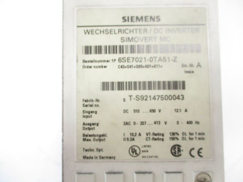 SIEMENS 6SE7021-0TA51-Z 510-650V 12.1A UNMP
