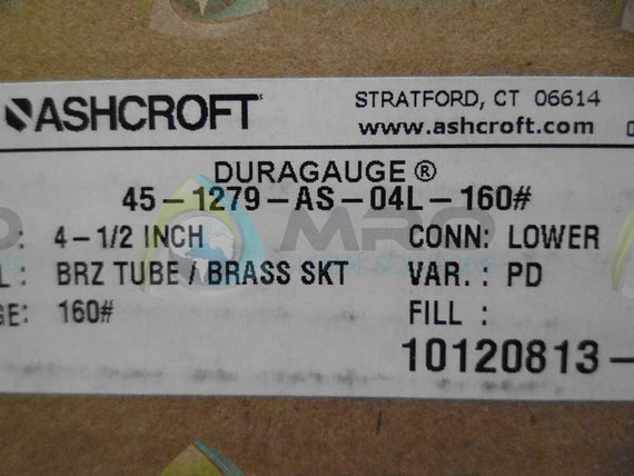 ASHCROFT 451279AS04L-160# PRESSURE GAUGE 0-160 PSI *NEW IN BOX*