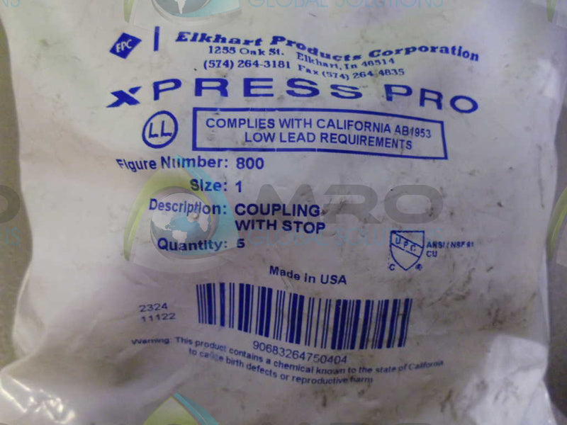 ELKHART 800 COUPLING W/ STOPPER *NEW IN ORIGINAL PACKAGE*