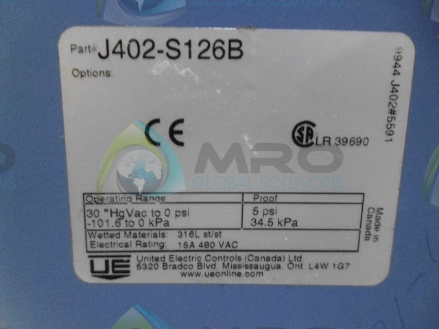UNITED ELECTRIC J402-S126B PRESSURE CONTROL SWITCH *NEW NO BOX*