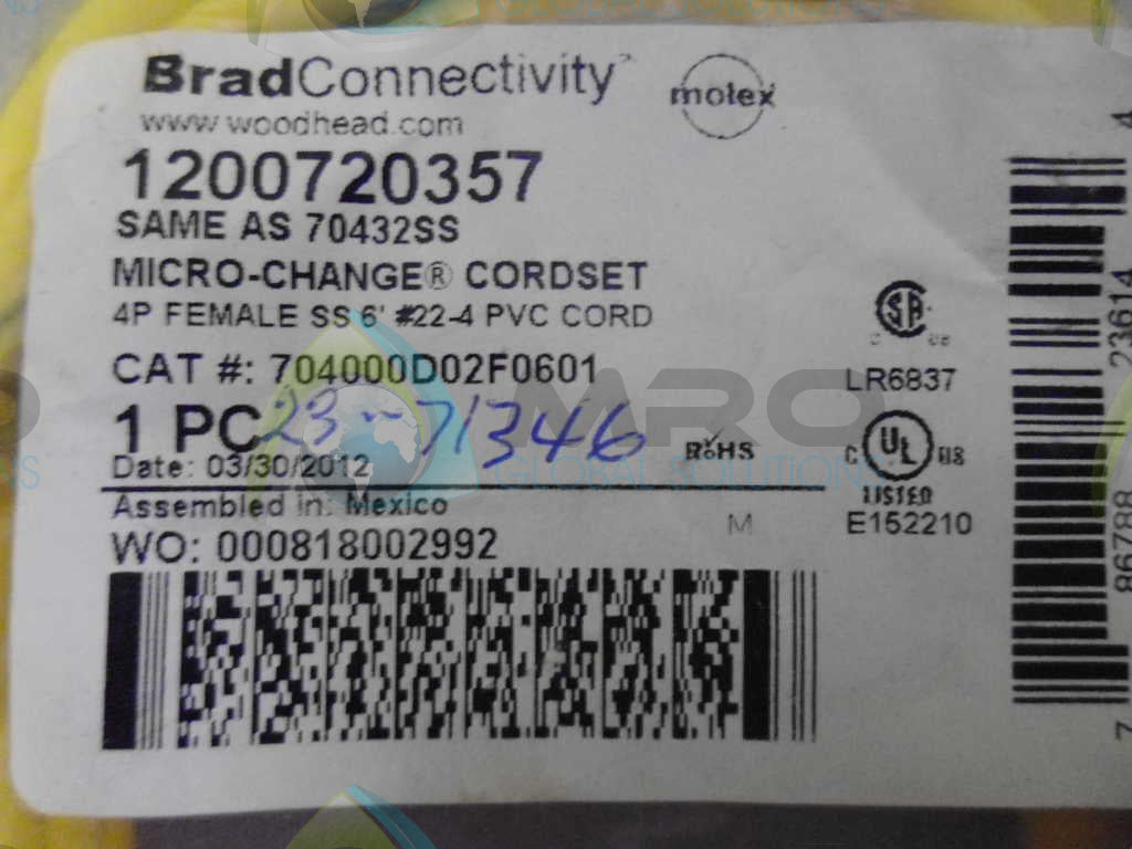 WOODHEAD 70432SS CORDSET *NEW IN ORIGINAL PACKAGE*