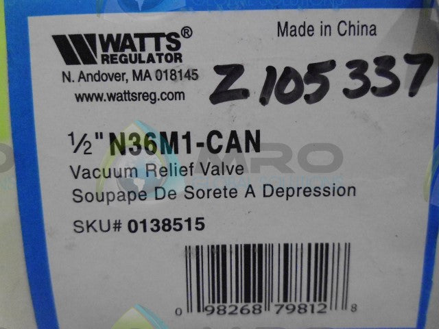 WATTS 1/2" N36M1-CAN RELIEF VALVE *NEW IN BOX*