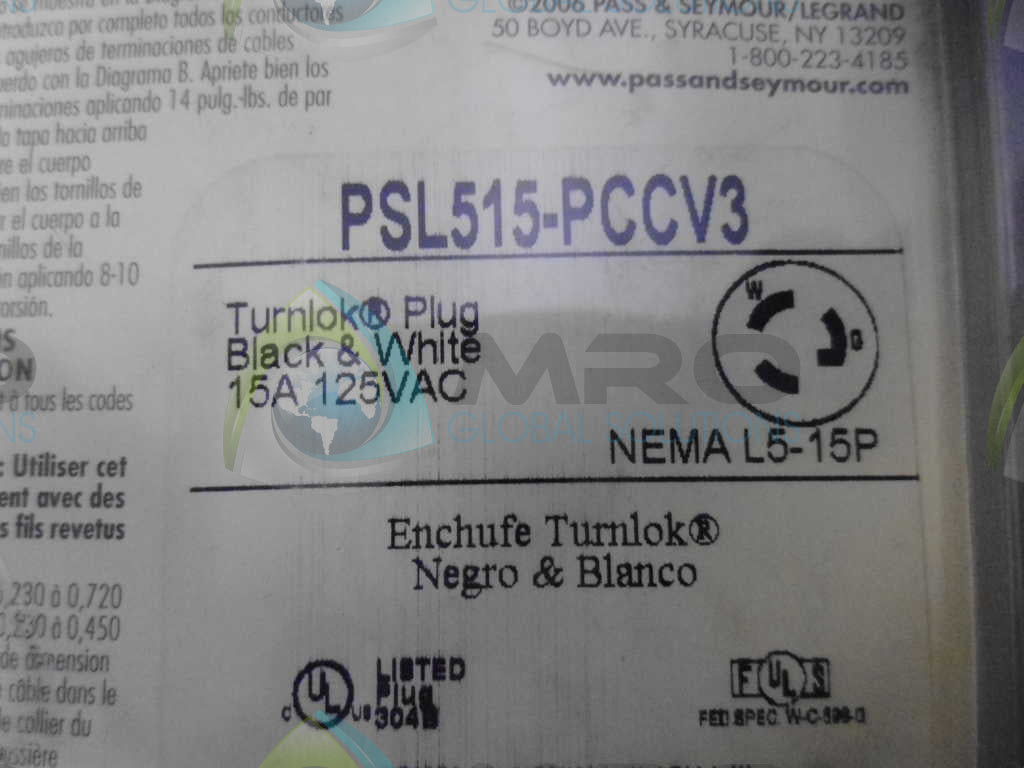 PASS & SEYMOUR TURNLOK PSL515-PCCV3 PLUG *NEW IN ORIGINAL PACKAGE*