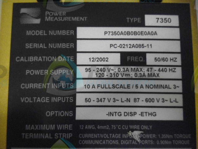 POWER MEAUSUREMENT ION 7350 P7350A0B0B0EA0A POWER MONITOR RELAY *USED*
