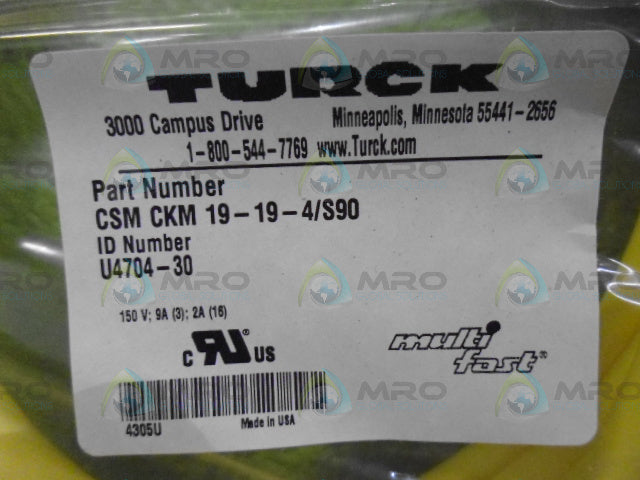 TURCK CSMCKM19-19-4/S90 MOLDED CORDSET *NEW IN FACTORY BAG*