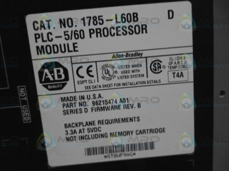 ALLEN BRADLEY 1785-L60B SER. D F/W B PROCESSOR MODULE (NO KEY) *USED*