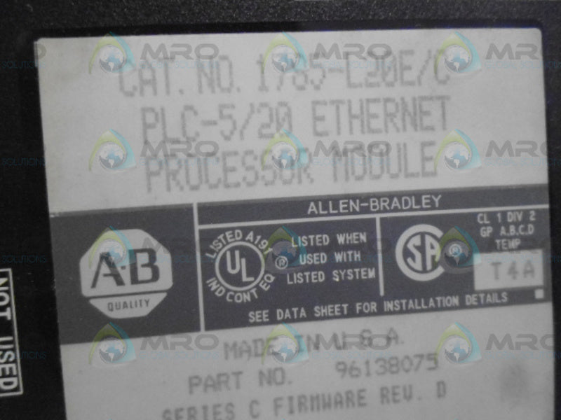 ALLEN BRADLEY 1785-L20E SER. C F/W D PROCESSOR MODULE (NO KEY) *USED*
