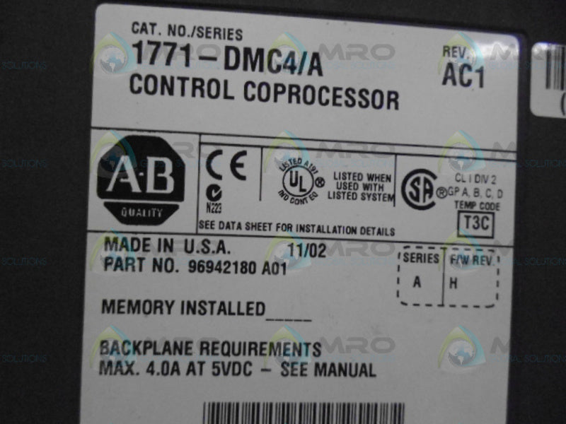 ALLEN BRADLEY 1771-DMC4 SER. A F/W H CONTROL COPROCESSOR *USED*