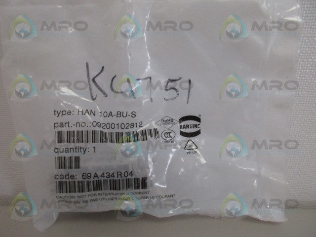 HARTING HAN 10A-BU-S FEMALE INSERT *NEW IN FACTORY BAG*