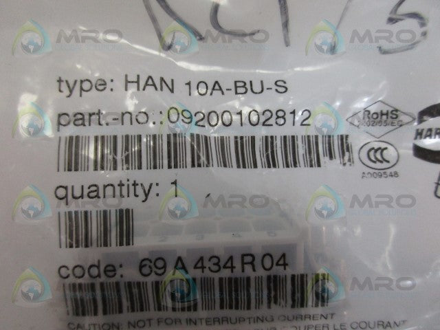 HARTING HAN 10A-BU-S FEMALE INSERT *NEW IN FACTORY BAG*