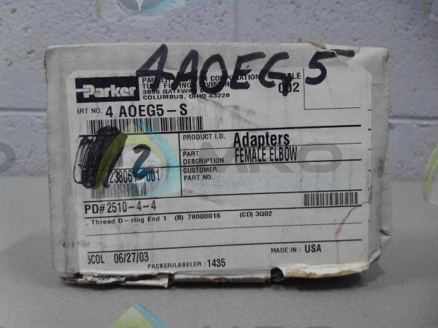 LOT OF 2 PARKER 4A0EGS ADAPTER *NEW IN BOX*