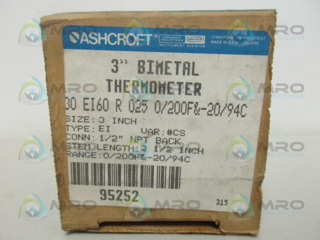 ASHCROFT 30EI60R0250-0/200F&-20/94C BIMETAL THERMOMETER 2-1/2" STEM *NEW IN BOX*