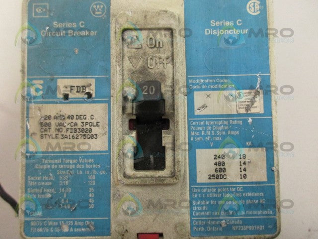 WESTINGHOUSE FDB3020 20AMP CIRCUIT BREAKER *USED*