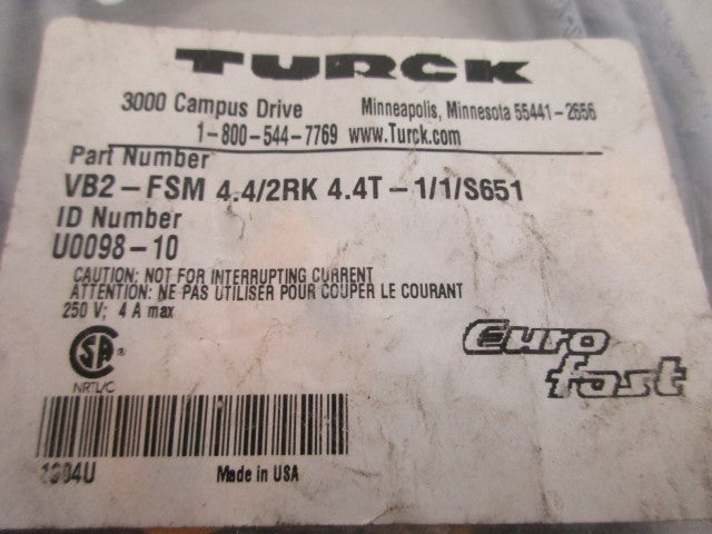 TURCK VB2-FSM4.4/2RK4.4T-1/1/S651 TWIN JUNCTION CORDSET *NEW IN FACTORY BAG*