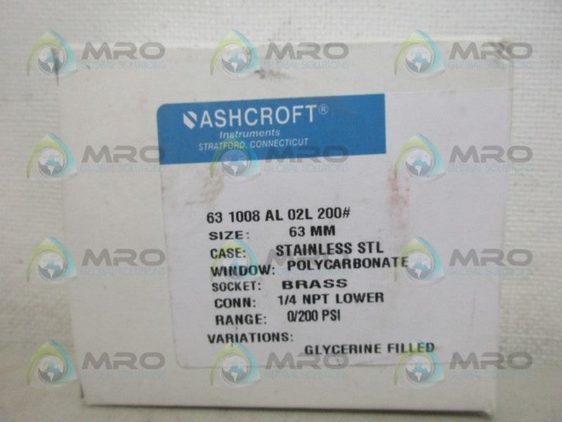 ASHCROFT 631008AL02L200 PRESSURE GAUGE 0-200  NSMP