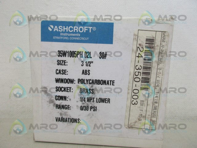 ASHCROFT 35W1005PH02L PRESSURE GAUGE 0-30 *NEW IN BOX*