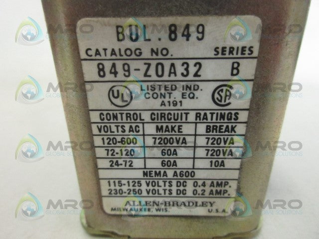 ALLEN BRADLEY 849-ZOA32 SER. B TIME DELAY RELAY *USED*