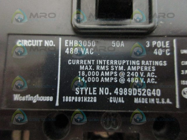 WESTINGHOUSE EHB3050 50A 3POLE CIRCUIT BREAKER *NEW NO BOX*