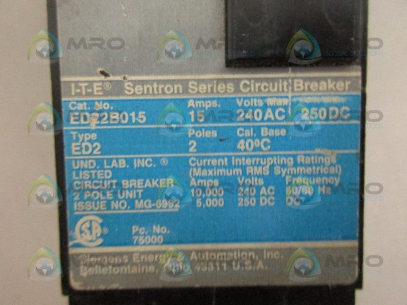 SIEMENS ED22B015 CIRCUIT BREAKER 2PL 15AMP UNMP
