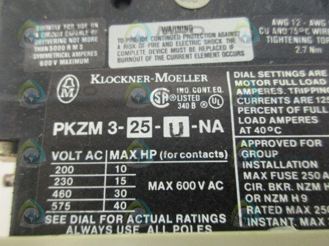KLOCKNER MOELLER PKZM3-25-U-NA MANUAL MOTOR *NEW IN BOX*