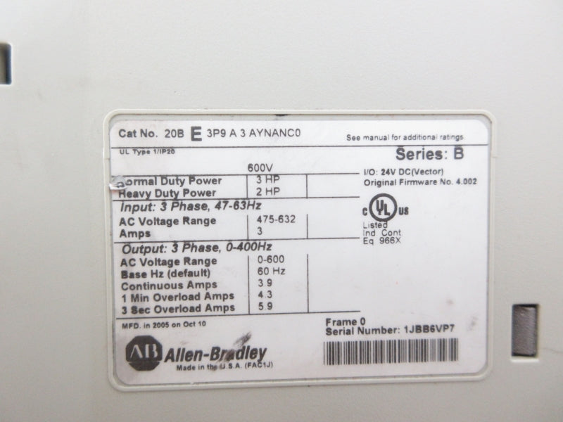 ALLEN BRADLEY 20BE3P9A3AYNANC0 SER. B F/W 4.002 475-632V 3A UNMP