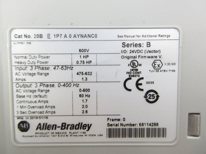 ALLEN BRADLEY 20BE1P7A0AYNANC0 SER. B 475-632V 1.3A NSNP
