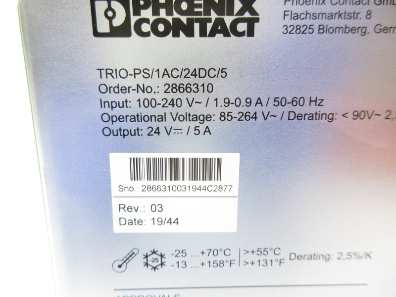 PHOENIX CONTACT TRIO-PS/1AC/24DC/5 2866310 100-240V 1.9-0.9A NSNP