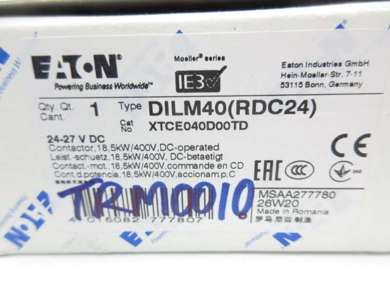 EATON XTCE040D00TD DILM40(RDC24) 24-27VDC NSMP