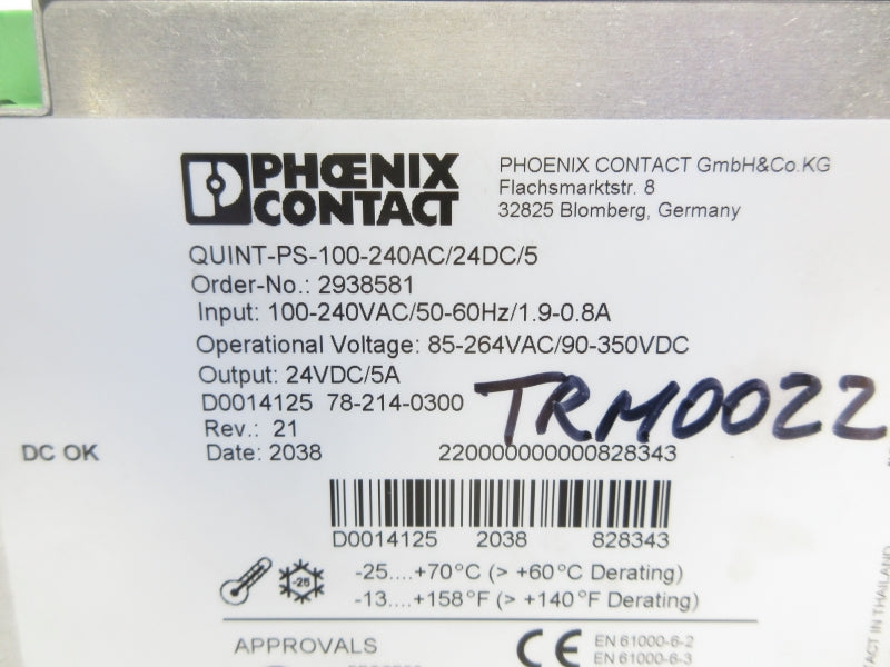 PHOENIX CONTACT QUINT-PS-100-240AC/24DC/5 2938581 100-240VAC 1.9-0.8A NSNP