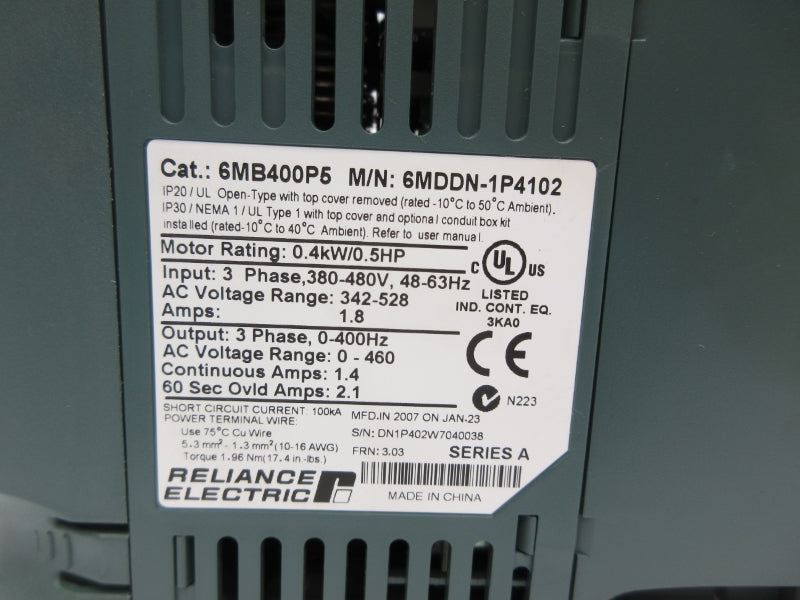 RELIANCE ELECTRIC 6MB400P5 6MDDN-1P4102 SER. A 380-480V 1.8A NSNP