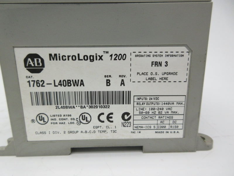 ALLEN BRADLEY 1762-L40BWA SER. B F/W 3 24VDC UNMP