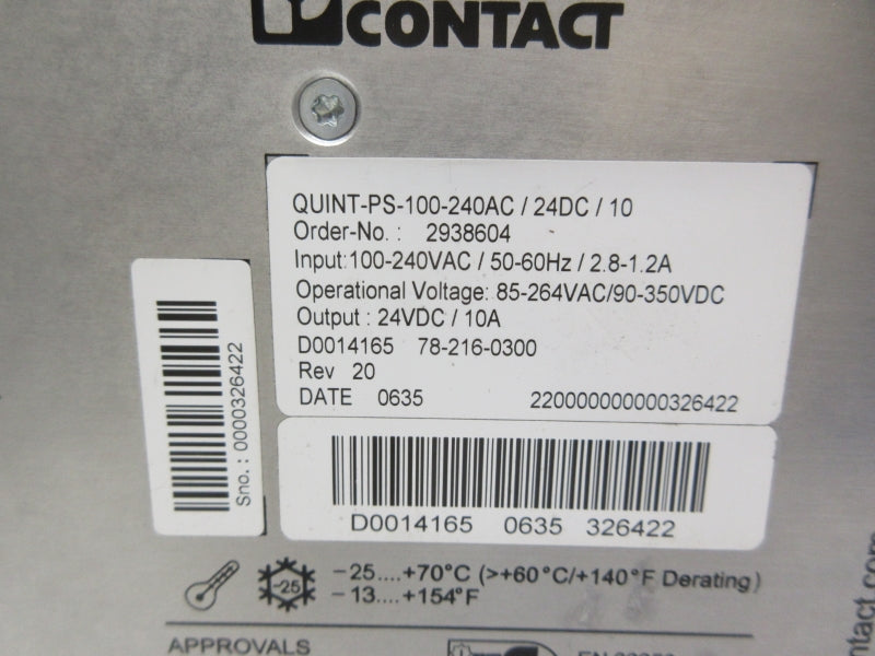 PHOENIX CONTACT QUINT-PS-100-240AC/24DC/10 2938604 100-240VAC 2.8-1.2A UNMP