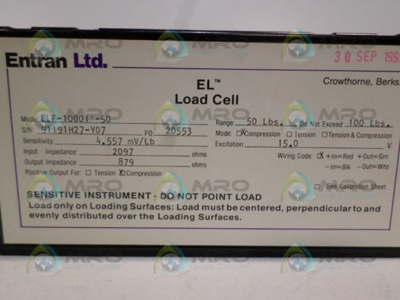 ENTRAN ELF-1000I*-50 EL LOAD CELL 4.577 mV/Lb 2097 OHMS *NEW IN BOX*