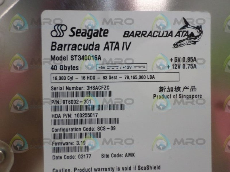 SEAGATE BARRACUDA ATA IV ST340016A 9T6002-301 HARD DRIVE 40GB NSNP