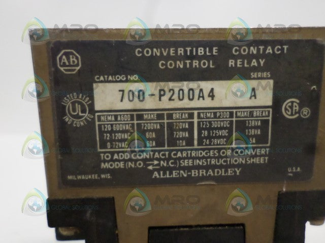 ALLEN BRADLEY 700-P200A4 SER. A CONVERTIBLE CONTACT CONTROL RELAY *USED*