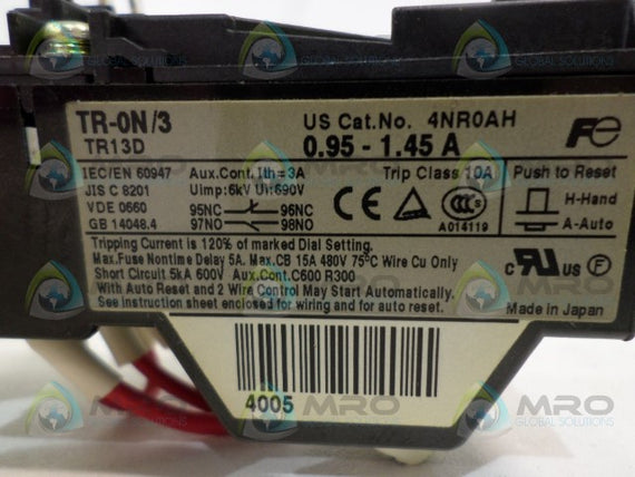 FUJI ELECTRIC TR-0N/3 TR13D OVERLOAD RELAY 0.95-1.45A *USED*