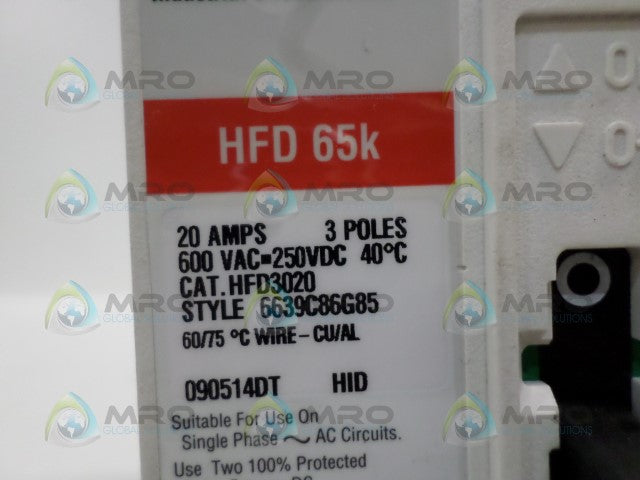 CUTLER HAMMER HFD3020 CIRCUIT BREAKER 20A *USED*