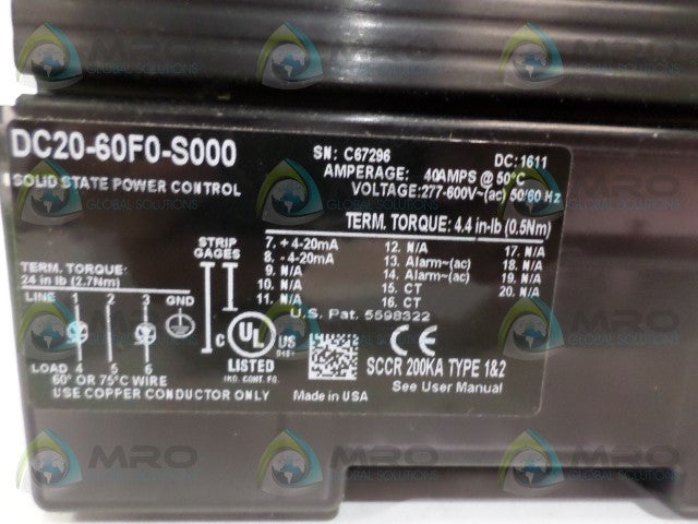 WATLOW DC20-60F0-S000 SOLID STATE POWER CONTROL *NEW NO BOX*